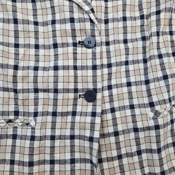 Y2K Vintage Cream Navy Plaid Linen Blend Satin Contrast Blazer Jacket Size 18 - Picture 5 of 11